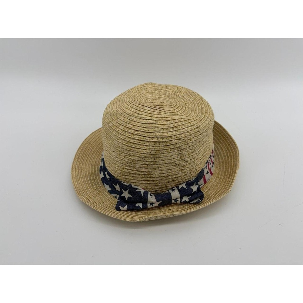 Marked Paper Braided Straw Fedora, Patriotic American Flag Star-Print Hatband
